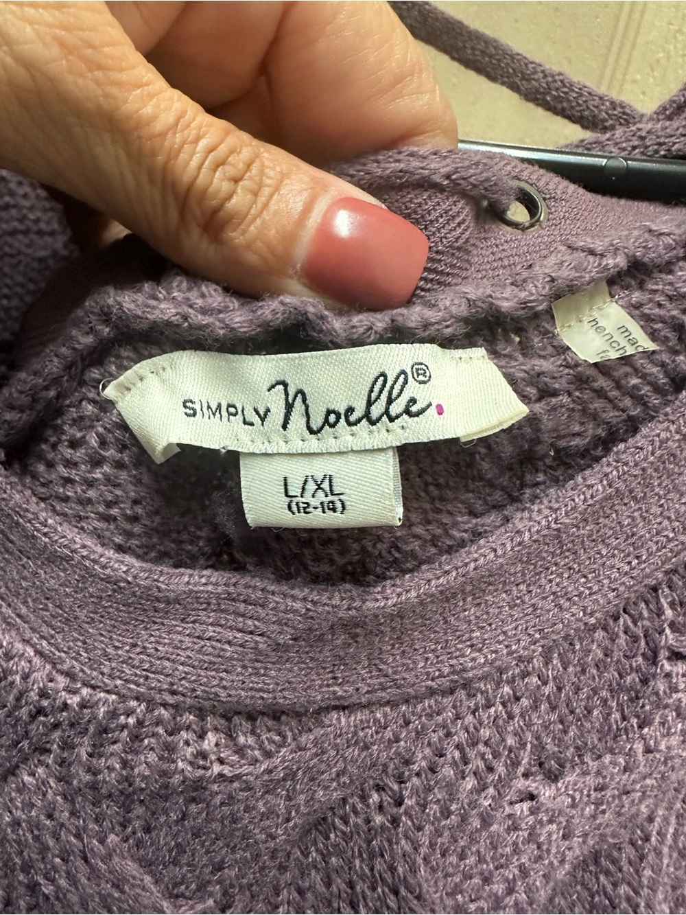 Simply Noelle Lavender Cable Knit Lace-Up V-Neck Sweater - Picture 4 of 5